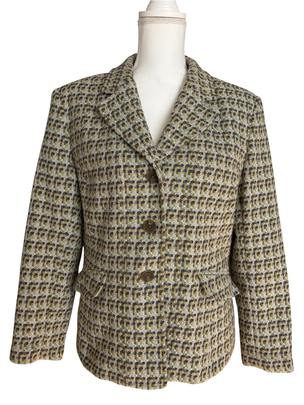 Talbots Women's Size 12 Green Blue Plaid Tweed Blazer Made in USA Italian Fabric